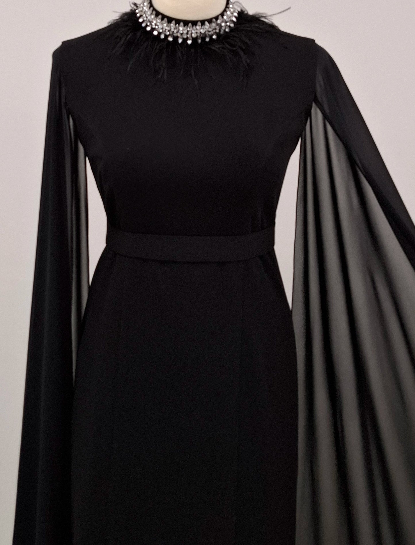 Feather Neck Flute Sleeve Crepe Dress
