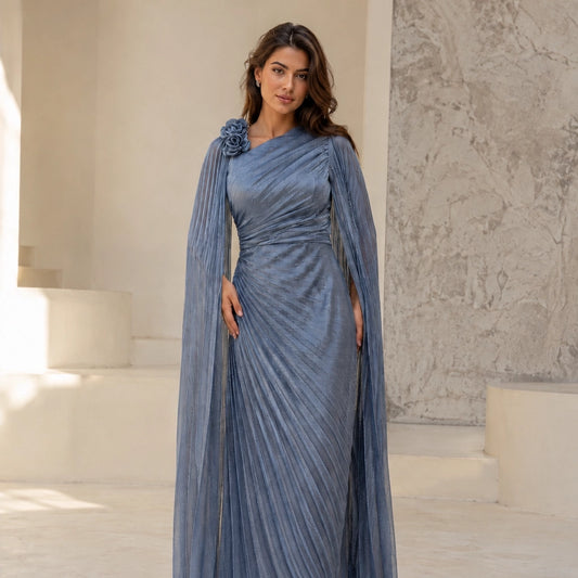 Pleated flowers Shoulder Organza Dress.
