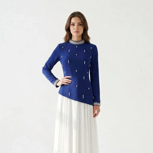 High Neck Crystal Neck Crepe Dress.