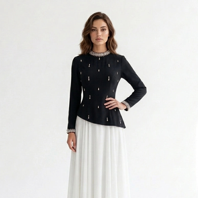High Neck Crystal Neck Crepe Dress.