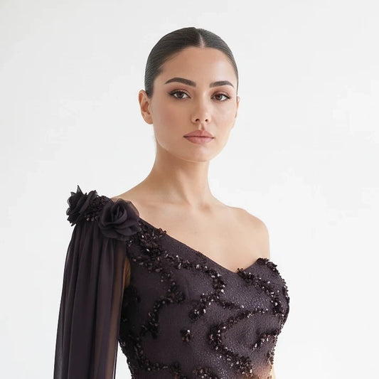 Sequin Dantel Shawl Plisse Chiffon Dress.
