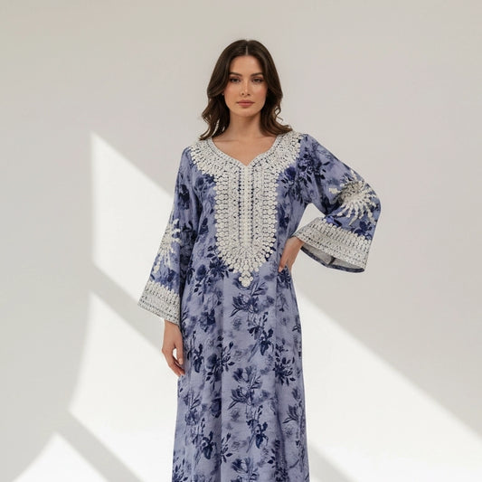 Lace-Trimmed Floral Jalabiya.
