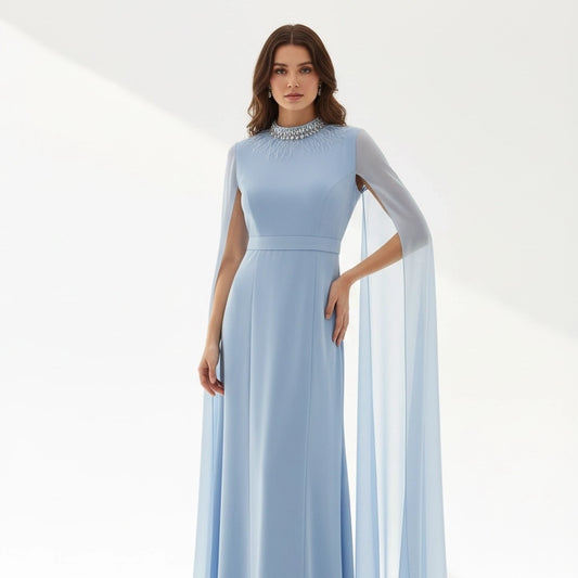 Feather Neck Flute Sleeve Crepe Dress