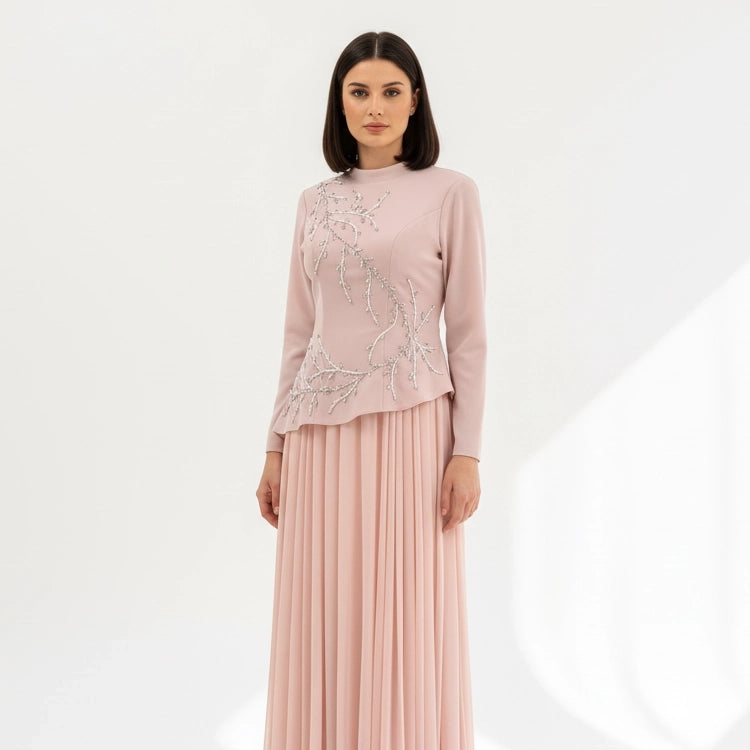 Plisse Skirt Crystal Waistline Crepe Dress