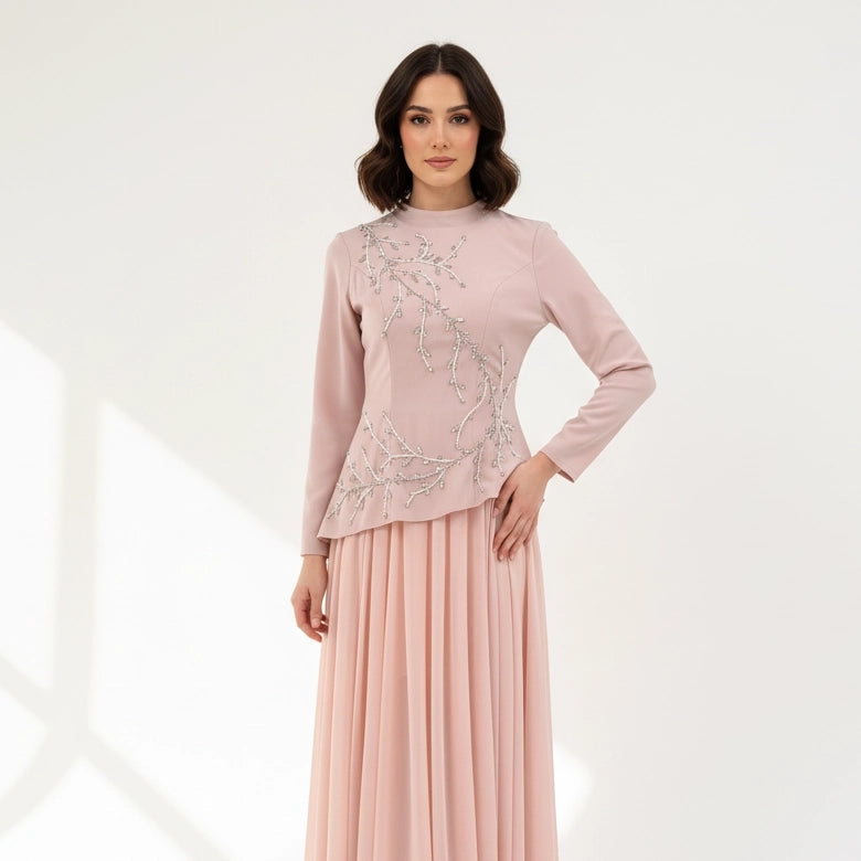 Plisse Skirt Crystal Waistline Crepe Dress