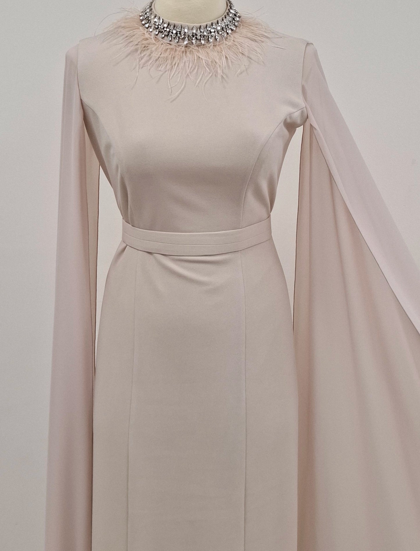 Feather Neck Flute Sleeve Crepe Dress