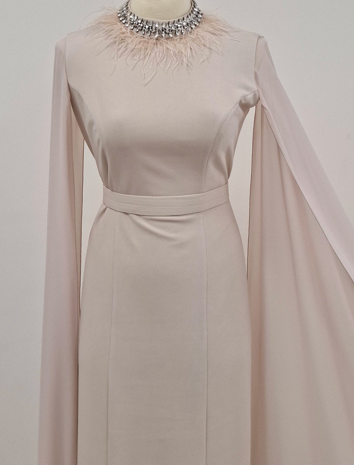 Feather Neck Flute Sleeve Crepe Dress