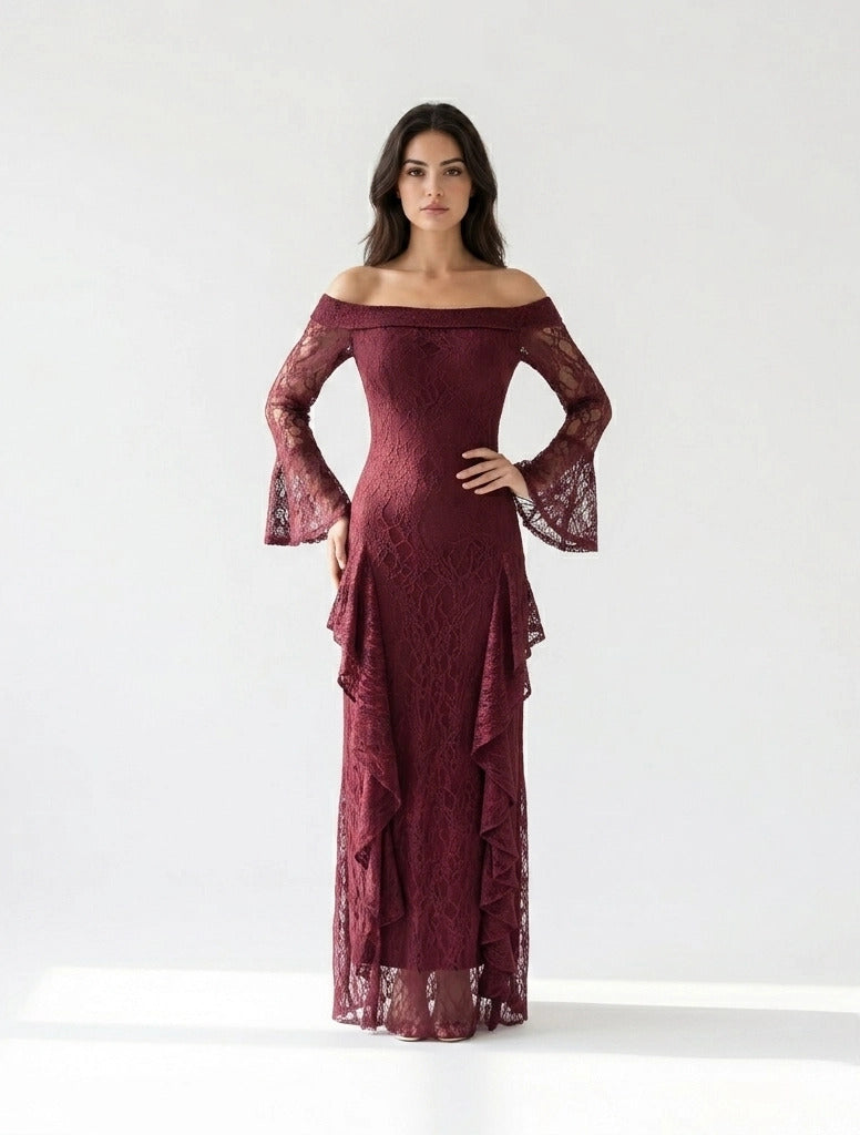 Draped Off Shoulder Corset Dantel Dress