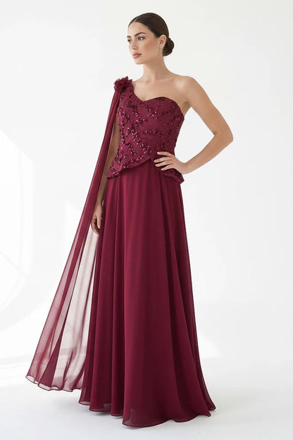 Sequin Dantel Shawl Plisse Chiffon Dress.