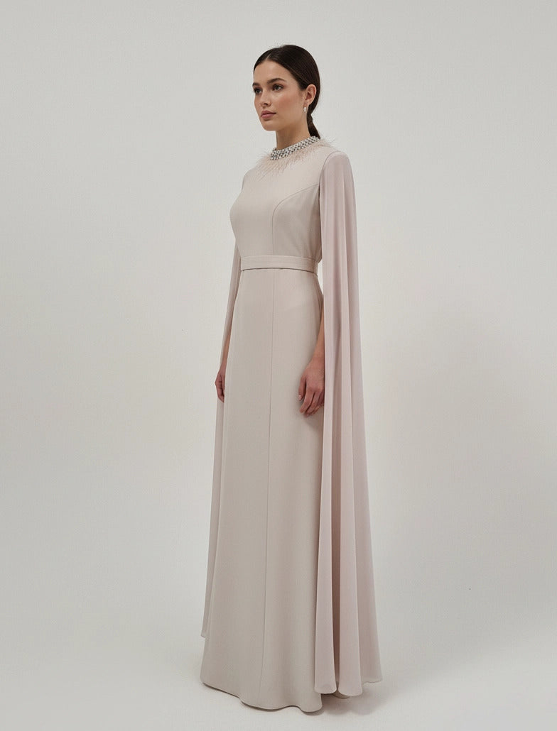 Feather Neck Flute Sleeve Crepe Dress
