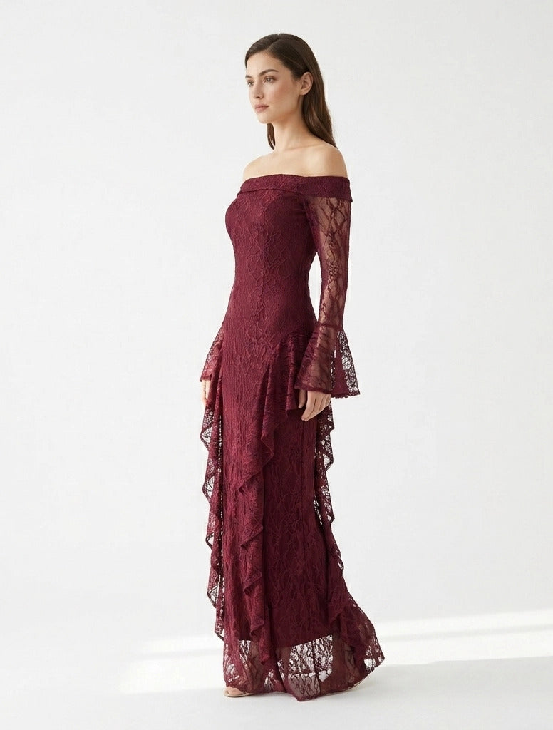 Draped Off Shoulder Corset Dantel Dress