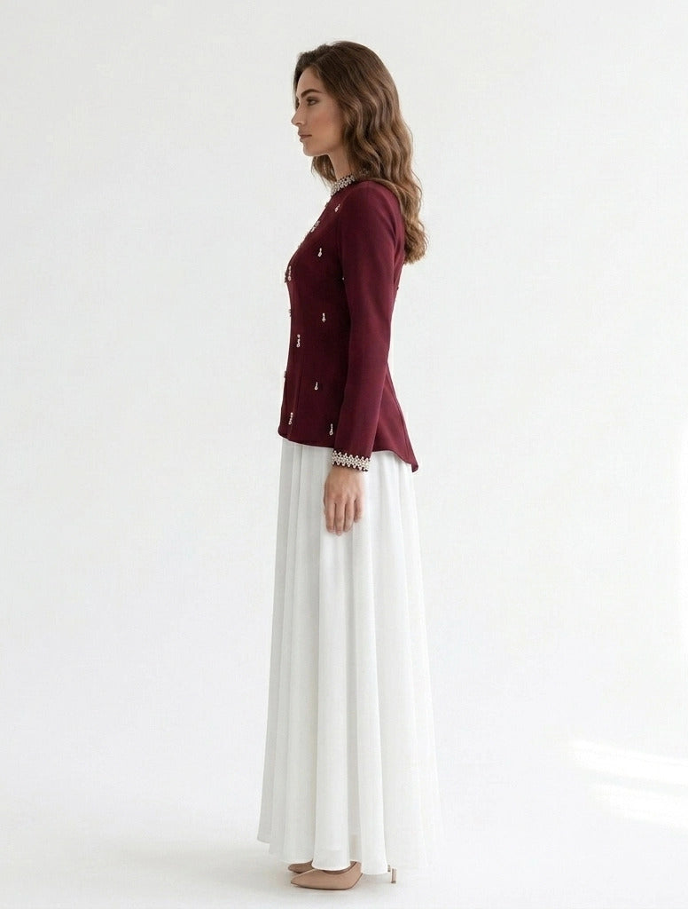 High Neck Crystal Neck Crepe Dress.