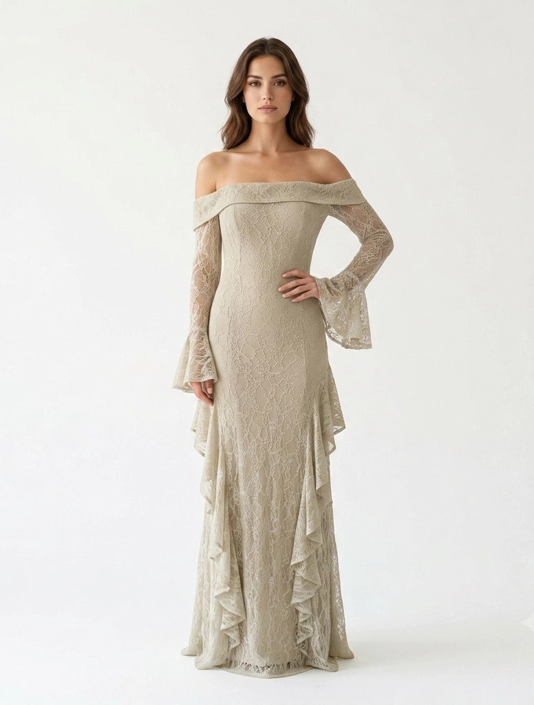 Draped Off Shoulder Corset Dantel Dress