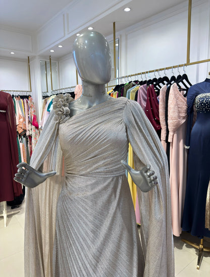 Pleated flowers Shoulder Organza Dress.