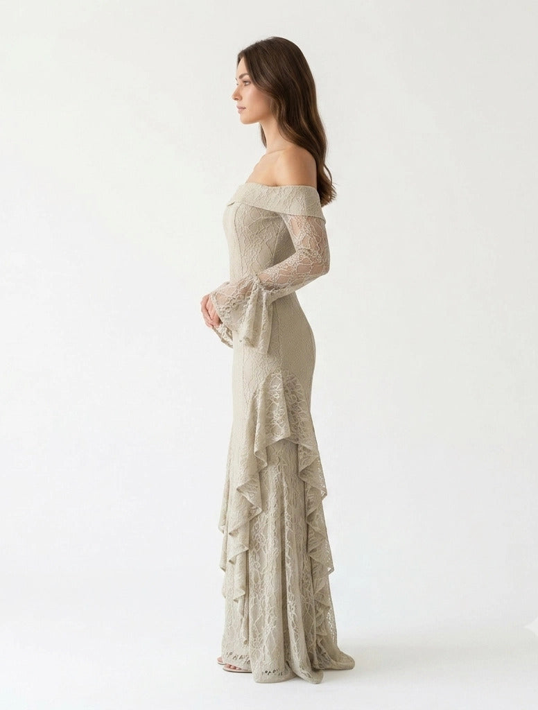 Draped Off Shoulder Corset Dantel Dress