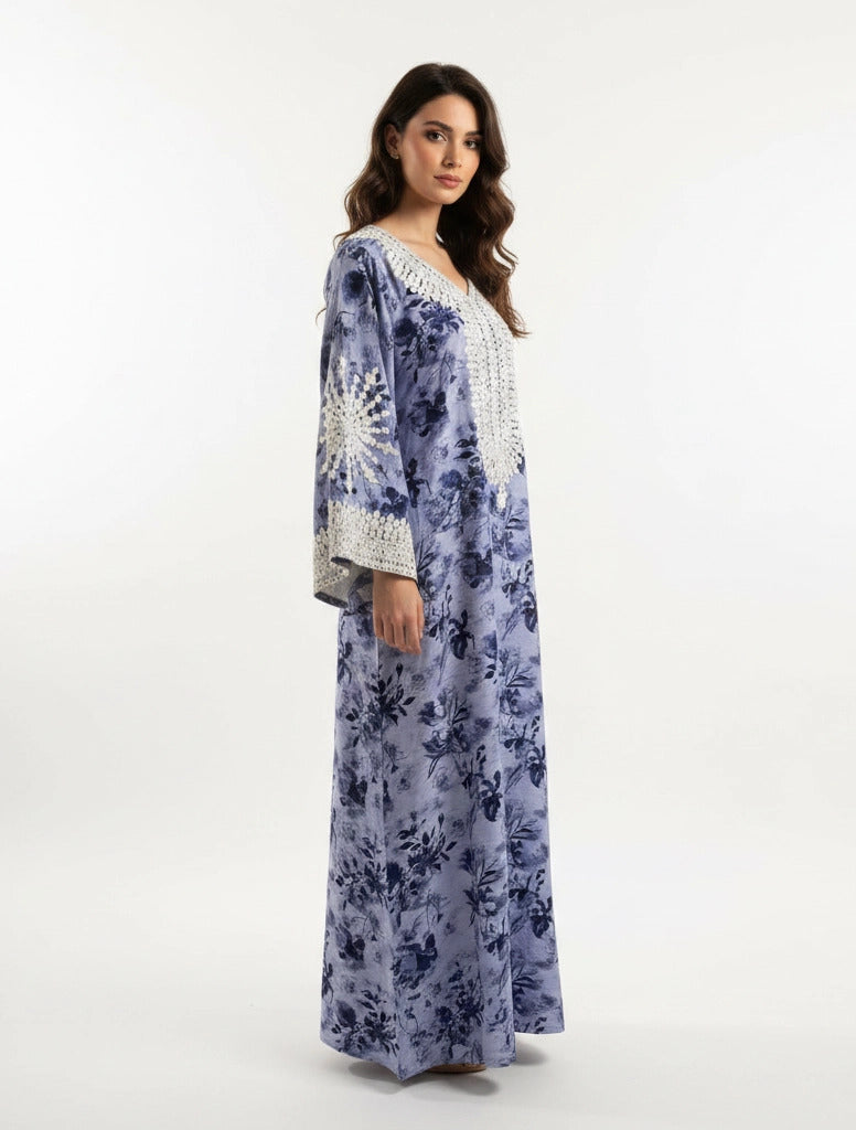 Lace-Trimmed Floral Jalabiya.