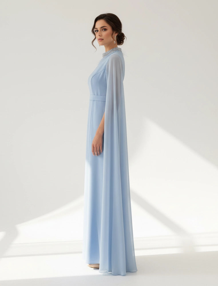 Feather Neck Flute Sleeve Crepe Dress