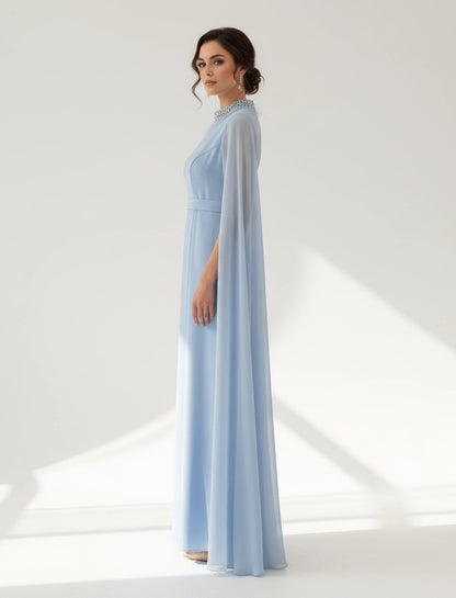 Feather Neck Flute Sleeve Crepe Dress