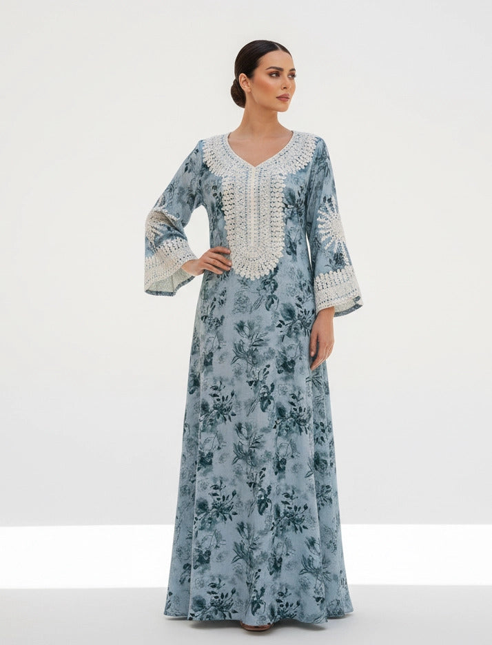 Lace-Trimmed Floral Jalabiya.