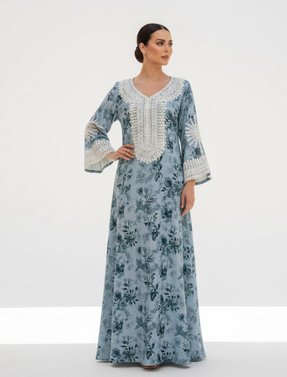 Lace-Trimmed Floral Jalabiya.