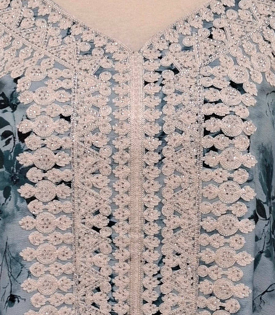 Lace-Trimmed Floral Jalabiya.