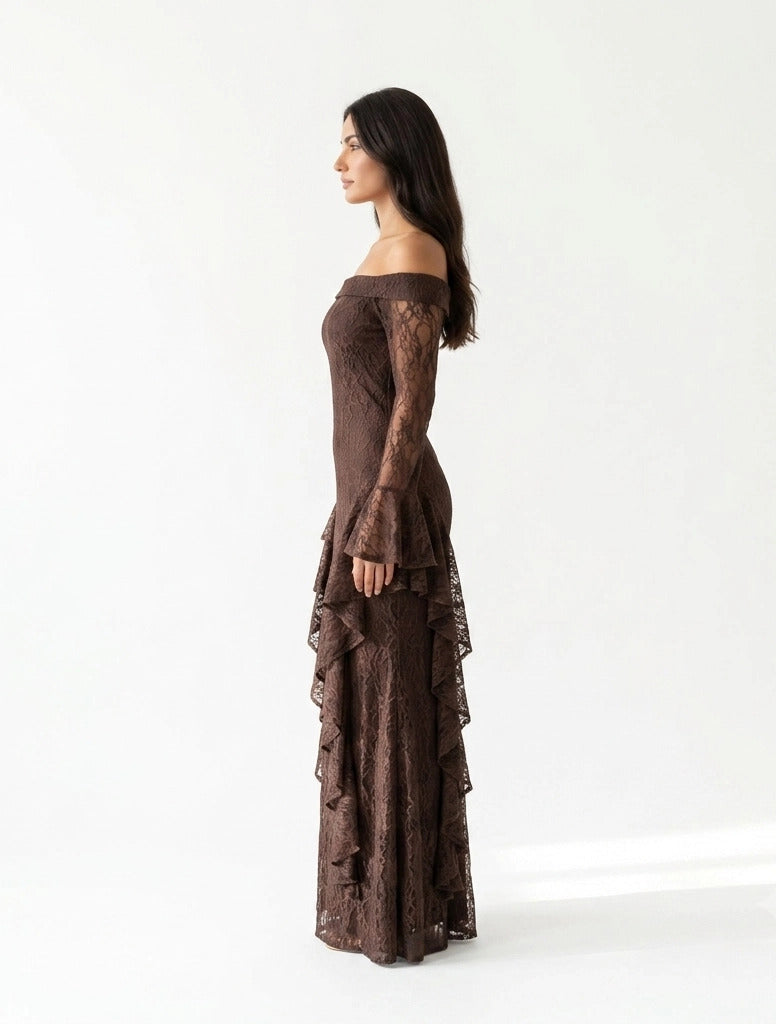 Draped Off Shoulder Corset Dantel Dress