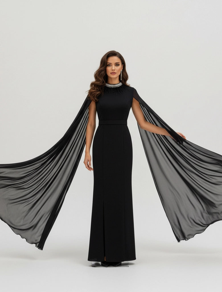 Feather Neck Flute Sleeve Crepe Dress