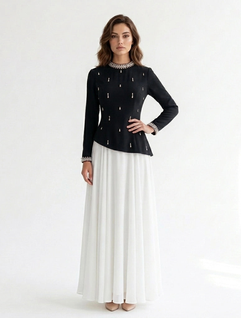 High Neck Crystal Neck Crepe Dress.