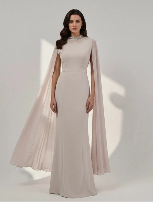 Feather Neck Flute Sleeve Crepe Dress