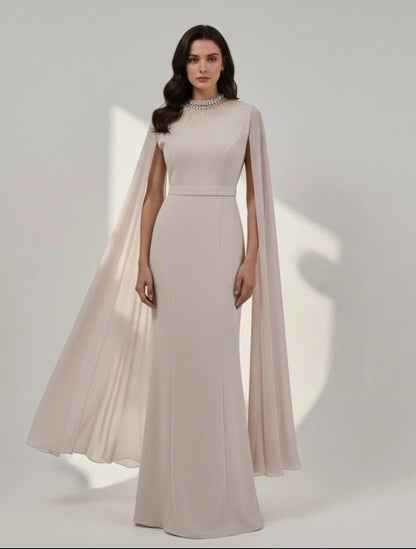 Feather Neck Flute Sleeve Crepe Dress