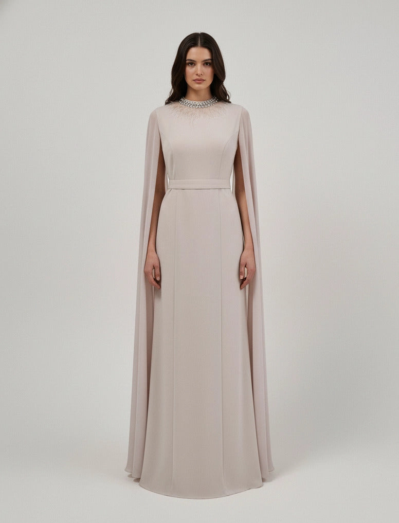 Feather Neck Flute Sleeve Crepe Dress