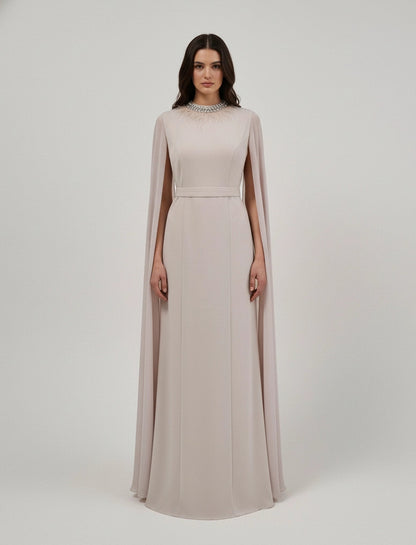 Feather Neck Flute Sleeve Crepe Dress