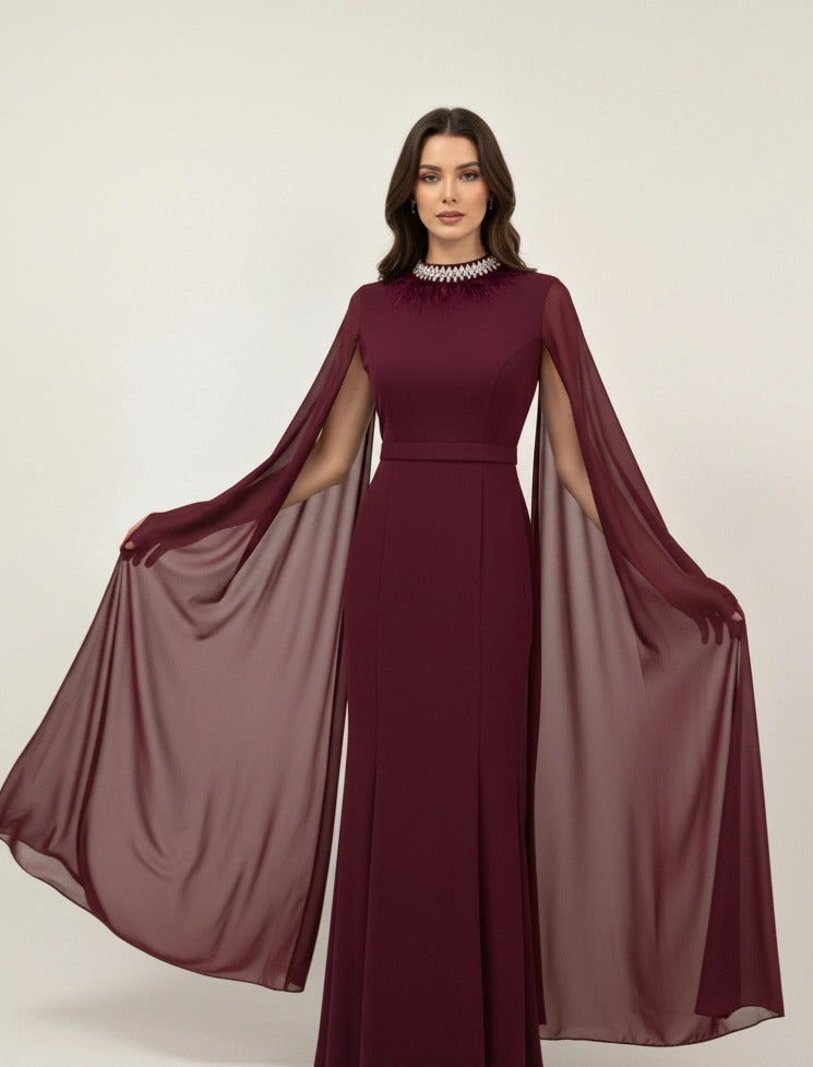 Feather Neck Flute Sleeve Crepe Dress