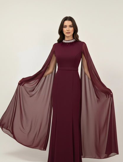 Feather Neck Flute Sleeve Crepe Dress