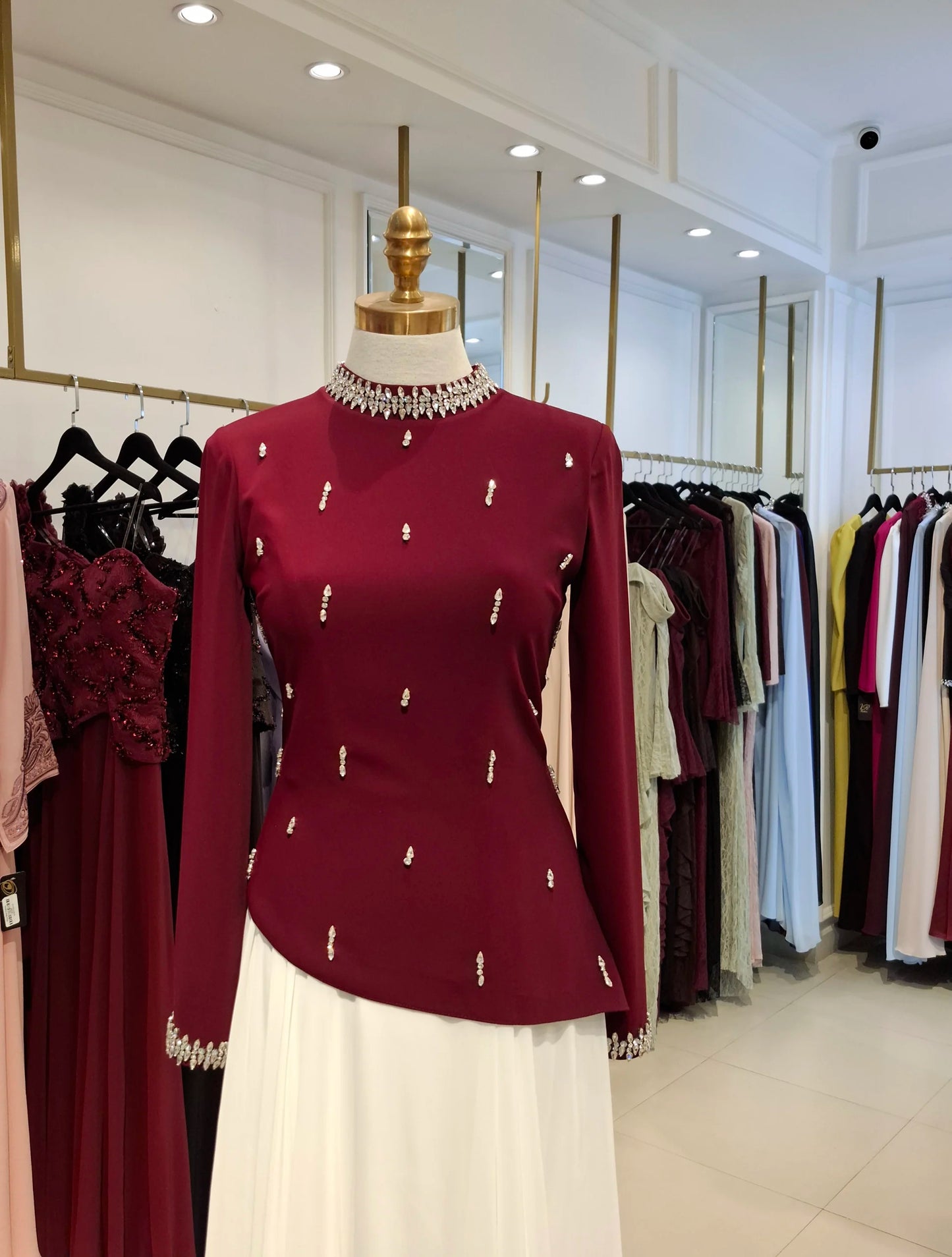 High Neck Crystal Neck Crepe Dress.