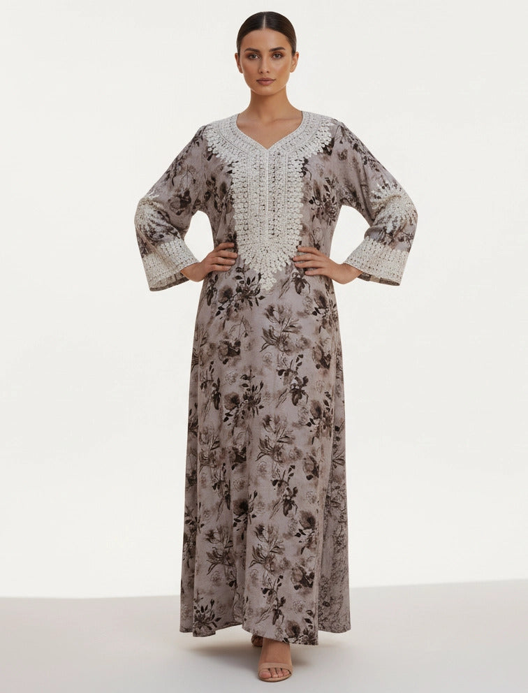 Lace-Trimmed Floral Jalabiya.