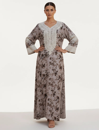 Lace-Trimmed Floral Jalabiya.