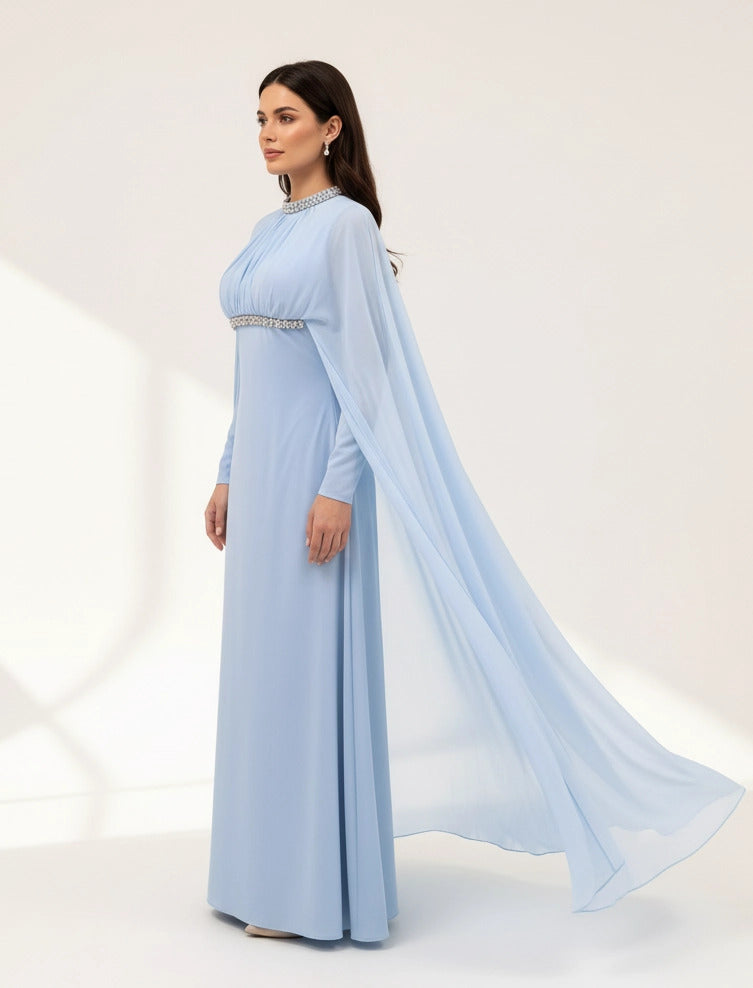 Embellished Neck Gathered Organza Dress