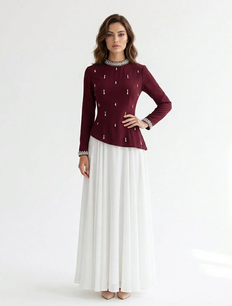 High Neck Crystal Neck Crepe Dress.