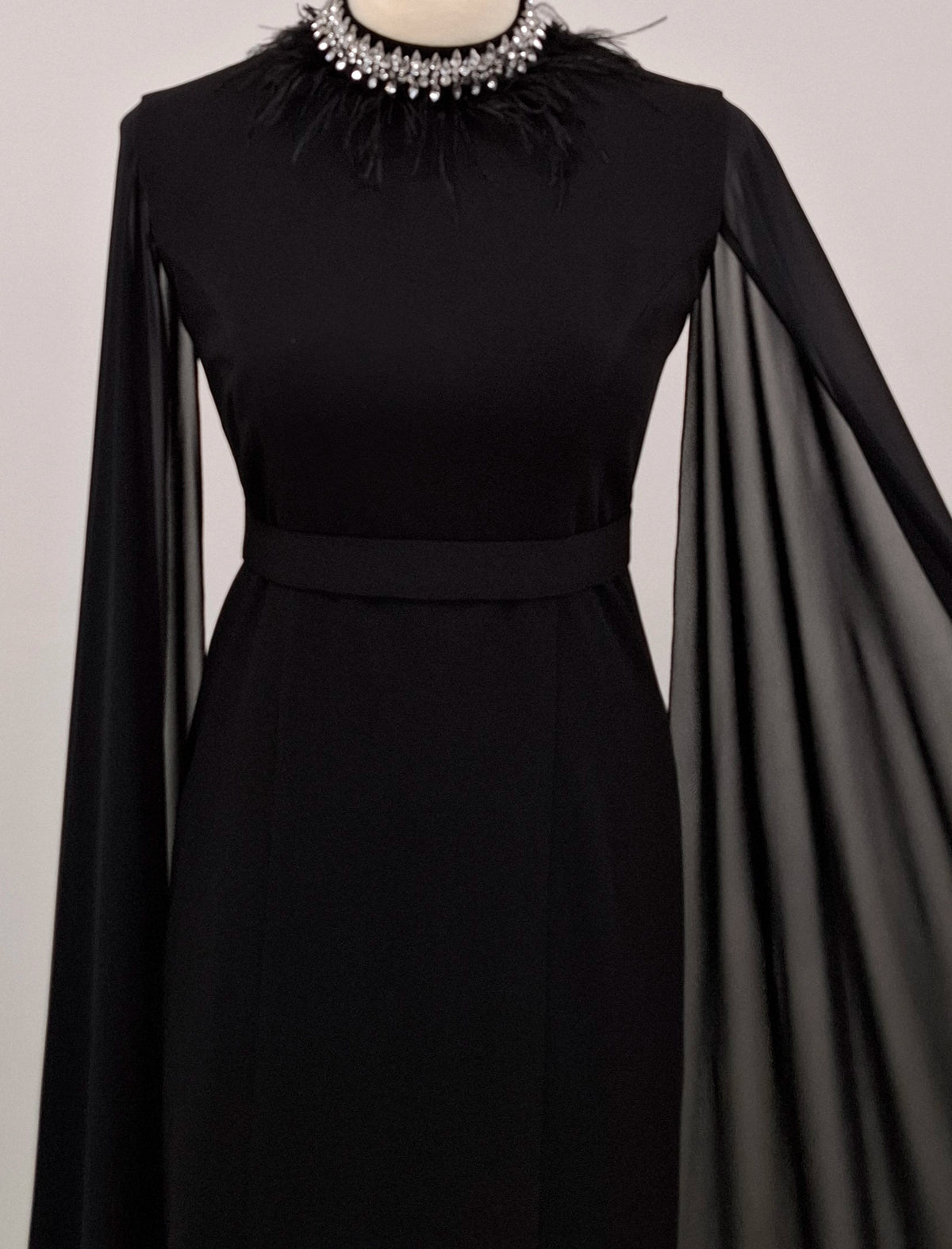 Feather Neck Flute Sleeve Crepe Dress