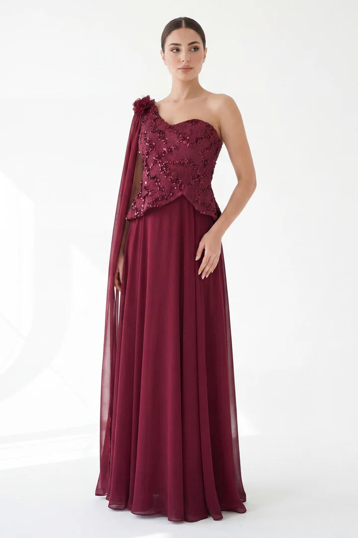 Sequin Dantel Shawl Plisse Chiffon Dress.