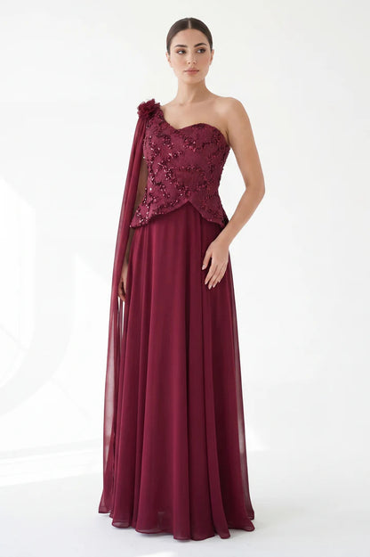 Sequin Dantel Shawl Plisse Chiffon Dress.
