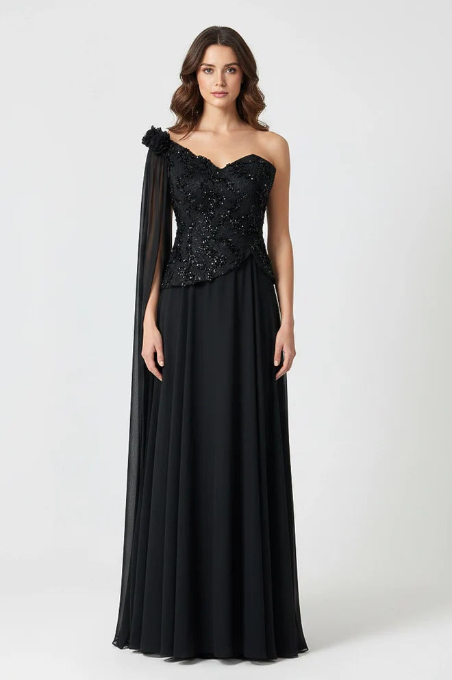 Sequin Dantel Shawl Plisse Chiffon Dress.