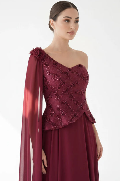 Sequin Dantel Shawl Plisse Chiffon Dress.