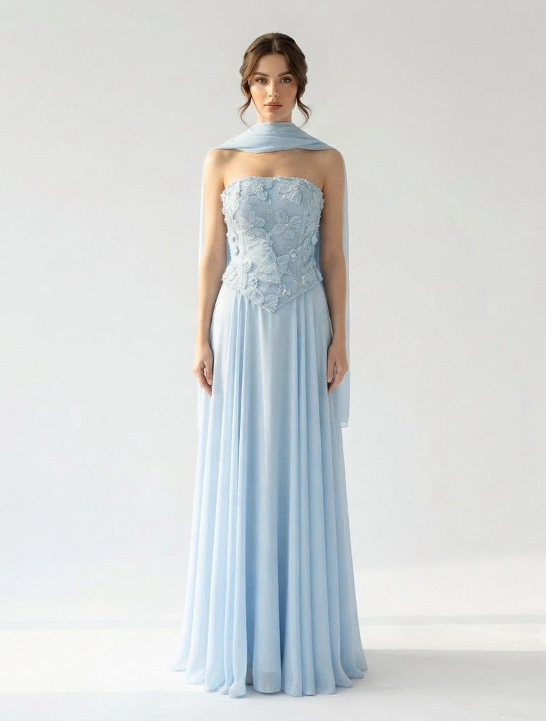 Corset Flower Details Plisse Skirt Chiffon.