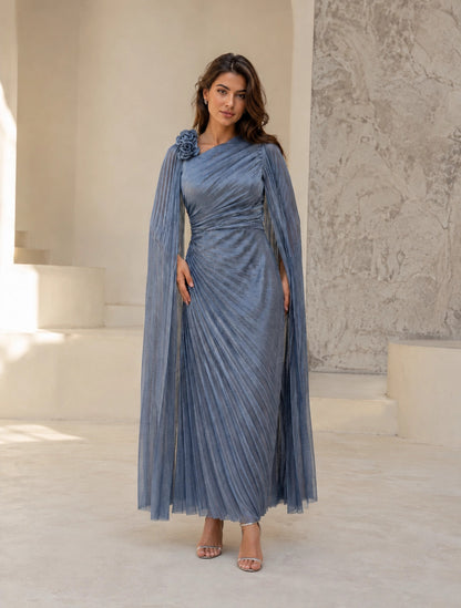 Pleated flowers Shoulder Organza Dress.