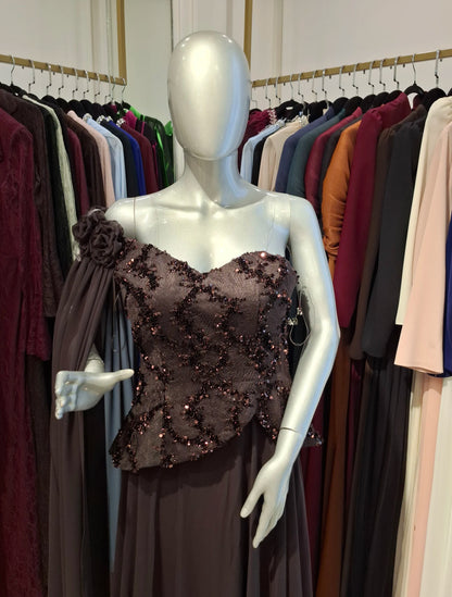 Sequin Dantel Shawl Plisse Chiffon Dress.