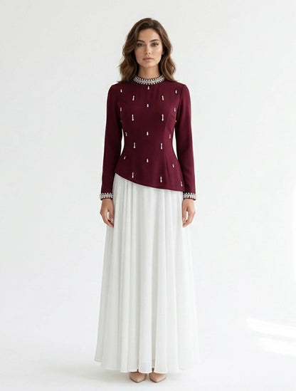 High Neck Crystal Neck Crepe Dress.