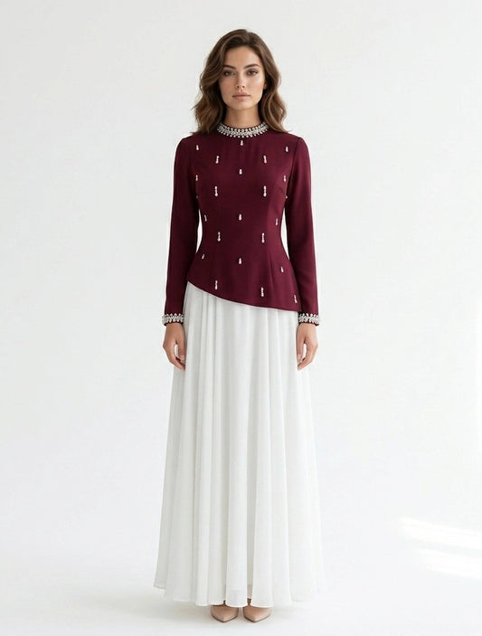 High Neck Crystal Neck Crepe Dress.