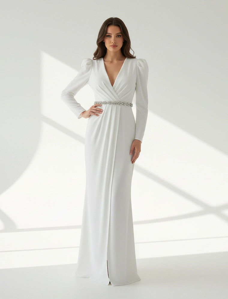 Jeweled Crystal-Bodice Crepe Gown.